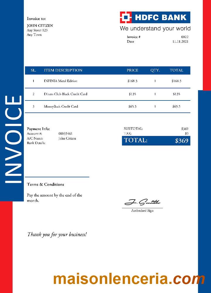 Szablon faktury USA HDFC